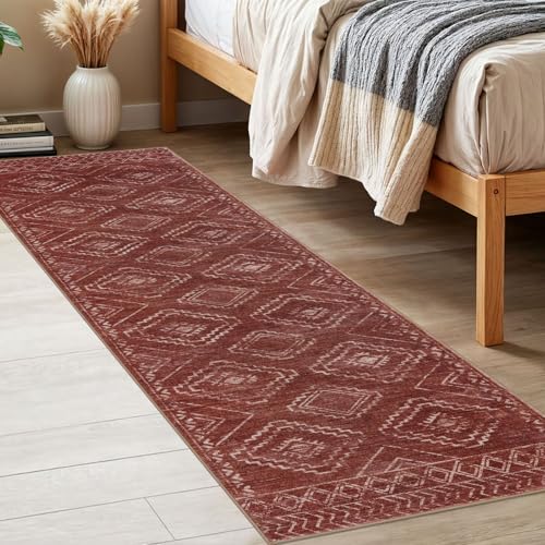 KILOCOCO Boho Kitchen Runner Rug 2x6 Washable Runner Rug, Soft Runners for Hallways Non Slip Printed Distressed Laundry Room Rug, Low-Pile Rug for Entryway/Bedroom/Living Room, Burnt Orange/Red