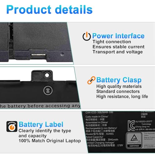 Image of 63Wh RJ40G Laptop Battery Replacement for Dell Latitude 14 5420 15 5520 / Precision 15 3560 Type P137G P137G001 P104F P104F001 P104F002 Series WY9DX M033W 01K2CF 075X16 0WK3F1 0M3KCN 005R42