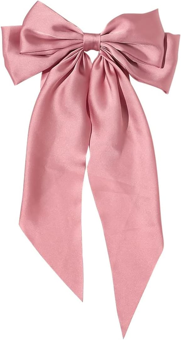 WHISKET - Hair Bow Clip, Big Satin Layered Hair Accessories for Women Girls,Barrette Hair Clip, Long Black Ribbon Bows, French Style (PINK)