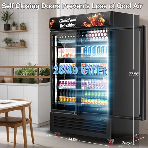 Image of Tylza Commercial Refrigerator, Double Glass Door Display Beverage Fridge, 26.49 Cu Ft Upright Beverage Cooler Merchandiser with Replaceable Advertising Light Board, Rebound Door, Fast Cooling, Black