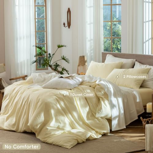 Image of MooMee Striped Duvet Cover Set 100% Washed Cotton Linen Like Queen | Relaxed Linen-like Texture. Soft, Breathable & Long-lasting Comfort. Lightweight. Hidden Zipper with 8 Interior Corner Ties