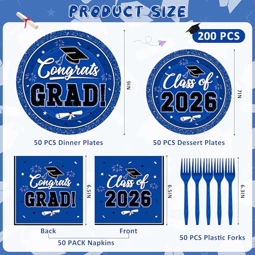 Image of 200Pcs Graduation Decorations 2026, Blue Graduation Plates and Napkins Party Supplies for 50 Guests, Disposable Grad Plates, Napkins, Dessert Plates and Forks for Grad Decor Wedding Birthday Supplies
