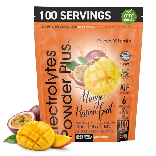 PowderVitamin Electrolytes Powder Plus Sugar Free Hydration Powder 1000mg Potassium 120mg Magnesium 120mg Calcium Himalayan Salt Vitamin C & Zinc USA Made 550g 100 Servings Mango Passionfruit