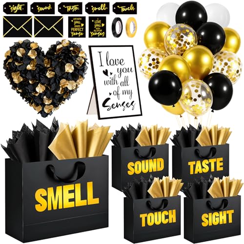 5 Senses Gift Bags for Him with Labels Tissue Paper Five Senses Party Decoration Rose Petals Black Gold Balloons Greeting Card and Sign Holder Stand for Husband Boyfriend Birthday Party Decor