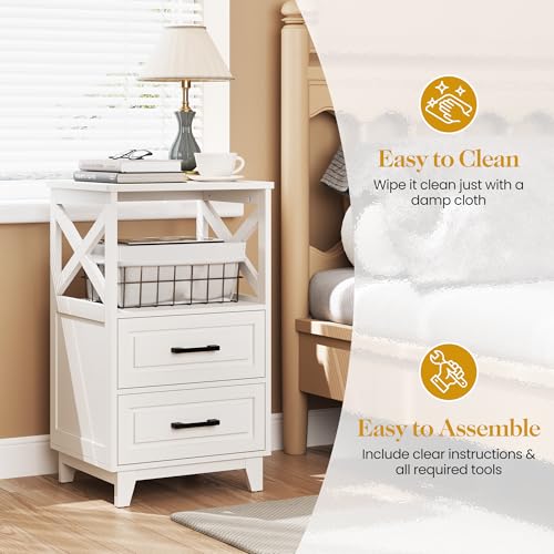 Image of RoyalCraft 30 inch Tall Nightstand, Modern Painted Bedside Table with 2 Drawers and Open Shelf, Wood Side Table for Bedroom, Home Office, White-Open Shelf Above, Set of 1