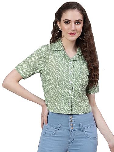Image of Sea Green Floral Embroidered Cotton Shirt Style Crop Top
