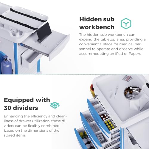 OLERN Rolling Medical Storage Crash Cart with Drawers - Adjustable IV Pole, Silent Casters, Needle Disposal Holder, Trash Bin, O2 Holder - Nursing Trolley Cart for Clinic, Hospital and Home Use - Thumbnail 5