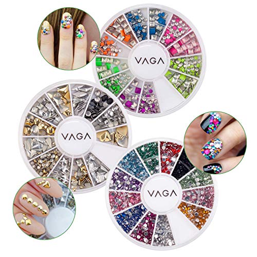 VAGA Professional Nail Art 3D Decorations Set With Dazzling Gold And Silver Rivet Style Metal Studs, Colorful Glowing Neon Studs In 2 Shapes And Wheel With Mixed Colors Rhinestones/Crystals/Gems