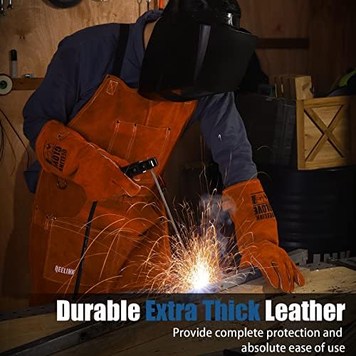 Leather Woodwork Apron, QeeLink Leather Apron with 6 Tool Pockets Heavy Duty Welding Apron for Men Women Heat Resistant Work Shop Supplies, 61cm x 91cm, Adjustable M to XXL