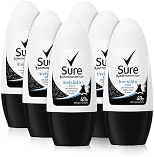 Sure Invisible Aqua Protection, Strong Anti-perspirant Deodorant Roll On Cream Stick For Women, Clean And Long Lasting Freshness, Anti Sweat And Body Odour, Large Pack (6 x 50ml)