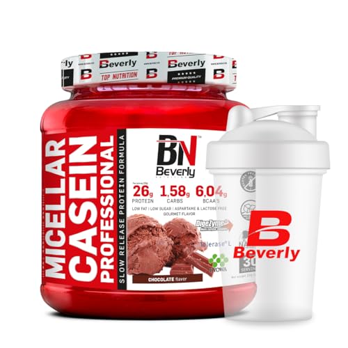 Beverly CASEIN PROFESSIONAL | Caseina Micellar | 1 Kg | Proteína de liberación lenta | 1 Mes de uso | Sabor Chocolate | Mezclador Gratis