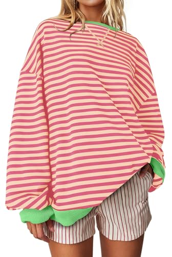 Image of UEU Women Oversized Striped Crewneck Sweatshirt Long Sleeve Color Block Pullover Tops Casual Loose Workout Shirt