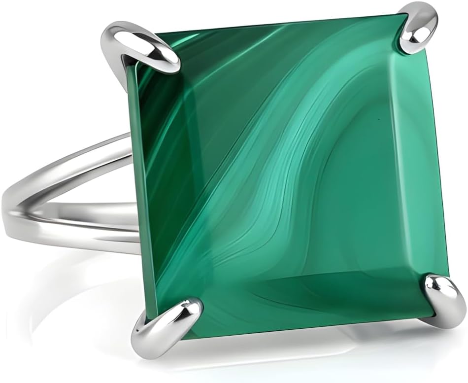 Sterling Silver Square Malachite Ring – Natural Green Gemstone Jewelry Women – Modern Cut 925 Silver Statement Band – Polished Fashion Accessory – Elegant Gift