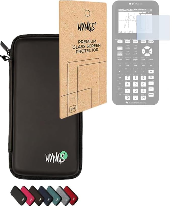 WYNGS Protective Case in Black + Screen Protector + Charger for TI 84 Plus CE