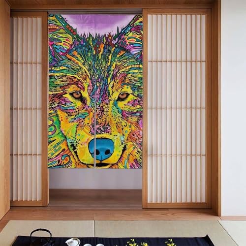のれん 間仕切り アート 水彩 絵画 オオカミ ドアカーテン 目隠し 開運のれん 遮光のれん 暖簾 玄関 おしゃれ 飾り 階段カーテン 出入り口 断熱防寒 リビング 洗面所 台所 風呂 和室 居酒屋 飲食店 パーテーション 部屋飾り 四季兼用 86x143