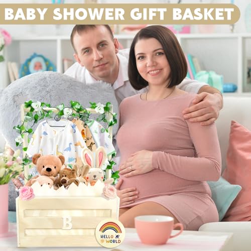 Image of Wooden Baby Shower Crate Closet with Hanger Rack,Baby Baskets,Baby Shower Baskets with Handles & Garland for Newborn Boys Girls,Pregnancy Gifts for New Parents