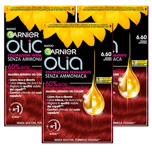 Garnier Olia Tinte permanente para el cabello sin amoníaco con aceites florales de origen natural con acción iluminadora y nutritiva, color 6.60 rojo intenso - 3 paquetes