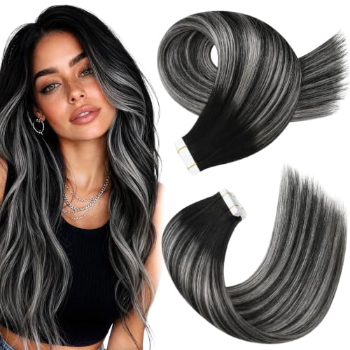 Moresoo Silver Hair Extensions Real Human Hair Tape In 14in 20Pcs 50g