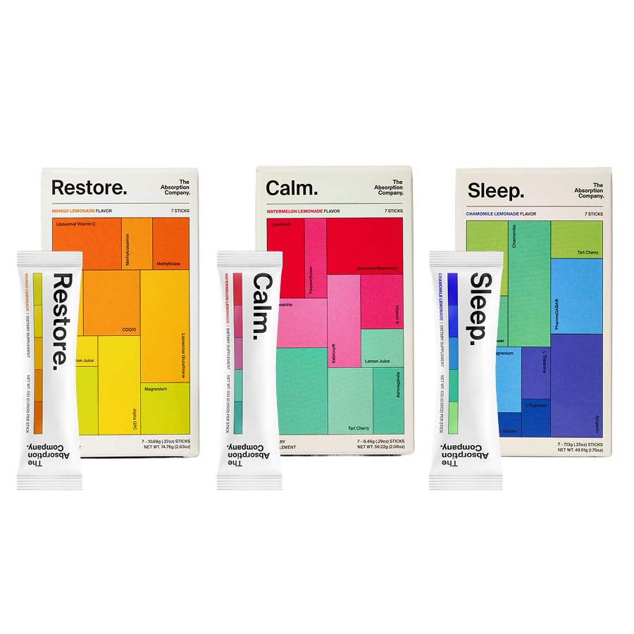 The Absorption Company Variety Pack Bundle Sleep Aid Electrolyte Recovery & Calm Supplement Drink Mixes - Chamomile Mango & Watermelon Lemonade Highly Absorbable Supplements - 21 Servings