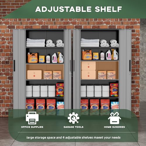 Image of Greenvelly Metal Storage Cabinet,72 inch Locking Metal Garage Storage Cabinet with Doors and 4 Adjustable Shelves, Lockable Steel Cabinet for Home Office, Garage, Shop, School (Black Grey 32 inch W x 16 inch D)