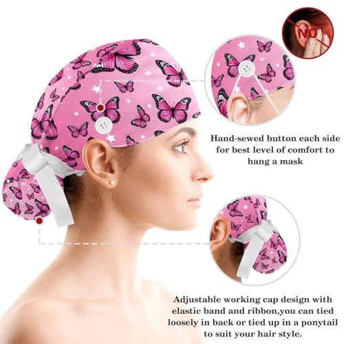 Image of Colored Butterflies Scrub Caps Women Ponytail, Adjustable Bouffant Surgical Caps with Button, Nurse Hats Long Hair