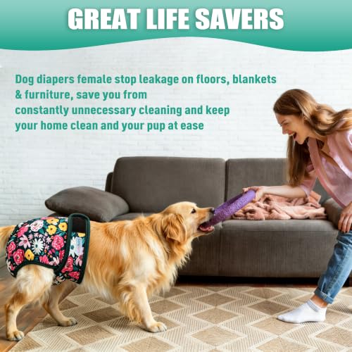 Image of Langsprit Female Dog Diapers for Doggie Puppy,Reusable Dog Period Diapers Female for Heat Peeing,Small Medium Large Doggy Diaper Washable,Dogs Pants 5 Pack, Colorful Flowers, Medium