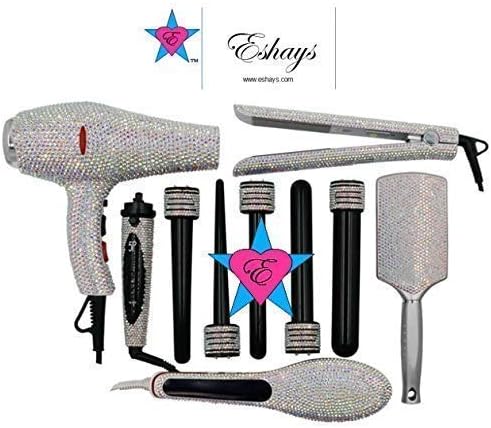 AB IRIDESCENT Custom Crystal Blow Dryer Bedazzled Flat Iron Bling Curling Wand Crystallized Hair Styling Tool Kit Set
