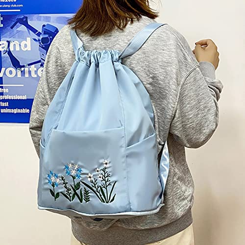Image of (LIGHT BLUE Hitech Travel Drawstring Bag Waterproof Flower Print Fold able Embroidery Design Drawstring Backpack for Outdoor drawstring bag Foldable design (LIGHT BLUE)