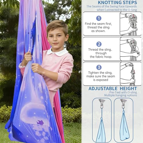 Image of Sensory Swing for Kids & Adults with 360 Swivel Hanger Kit, Double Layer Elastic Therapy Swing Holds up to 300lbs for Autism, ADHD,Aspergers, and SPD (Blue PinkDolphin)