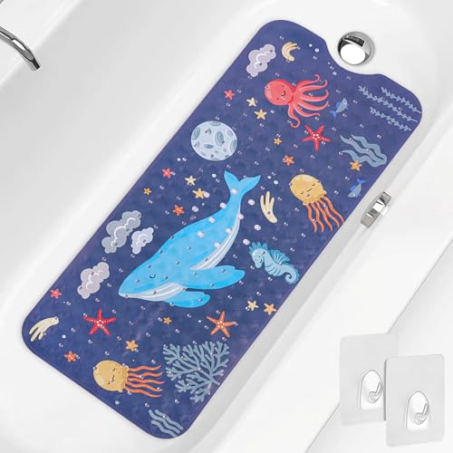 Image of PRATIQUE Kids Bath Mat for Tub Non Slip，40 X 16 Inch Extra Long Kids Bathtub Mat Ocean Bathtub Shower Mat Safety Anti Slip with Suction Cups and Drain Holes, Machine Washable(Dark Bule Whale)