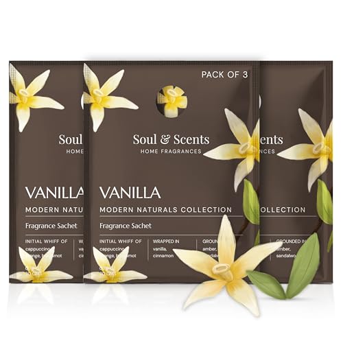 Image of Soul & Scents Vanilla Fragrance Sachet | A Blend of Cappuccino & Warm Vanilla | Long-Lasting Air Freshener for Car, Wardrobe, Kitchen, and Travel Bag | Pack of 3-20gm Each