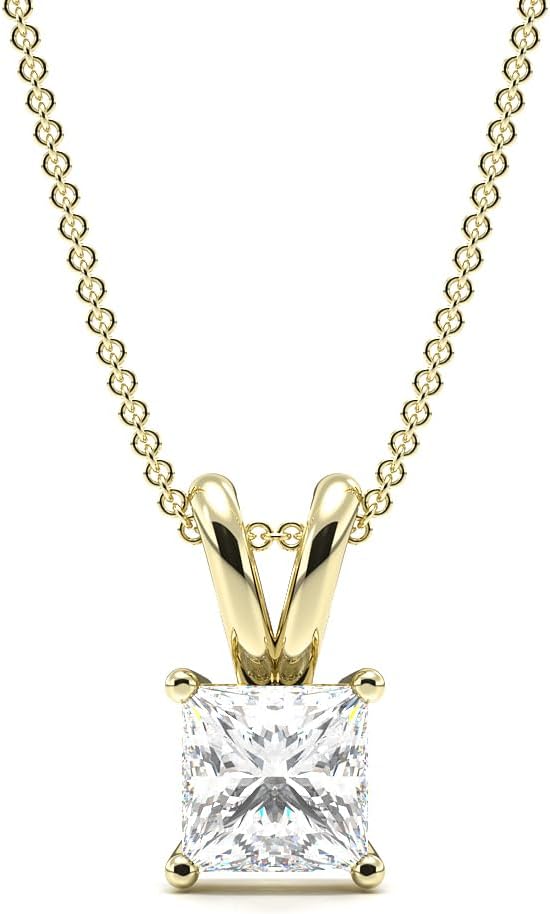 Certified 100% Natural Solitaire Princess Cut Diamond (Color-HI, Clarity-I1) Pendant Necklace In 9K Gold (White Gold, Yellow Gold, Rose Gold) | Women Diamond Pendant With Chain