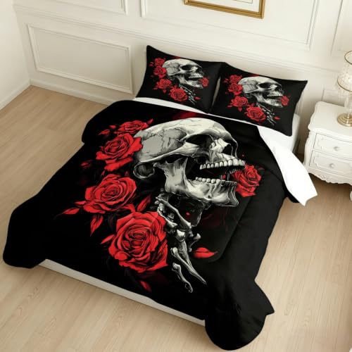 Edredón 4 Estaciones 135x200 Calavera y Rosa Relleno Nórdico Microfibra Negro Edredón Suave y Ligero para Cama 90