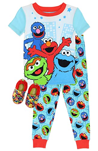 Sesame Street Boys 2-Piece Pajama Set Monster Print with Cozeez Slippers Turquoise Toddler Size 4