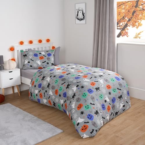 Image of OHS Single Duvet Cover Set Halloween Bedding, Super Soft Warm Single Bedding Sets for Girls Boys Teenagers Quilt Cover Comfy Pumpkin Ghouls Theme Kids Duvet Set with Matching Pillowcase, Grey