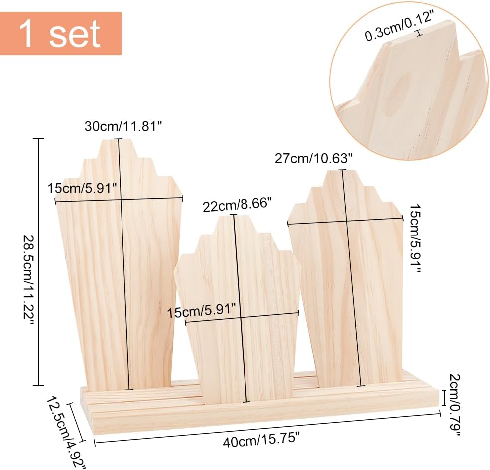 PH PandaHall Wood Necklace Display Stands with 3-Row Holder and 3 Removable Displays Wood Plank Necklace Storage Holder Bust Easel Jewelry Display for Necklaces, Rings Storage, Blanched Almond