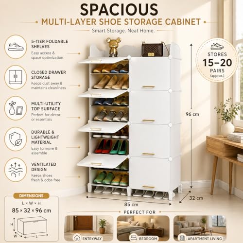 Image of Mevigo 16-Tier Shoe Rack with 8-Doors|Holds 32-Pairs |Waterproof & Dustproof Modular Plastic Shoe Cabinet|Foldable Stackable Shoe Organizer with MetalFrame |Space Saving Storage -White-HT2