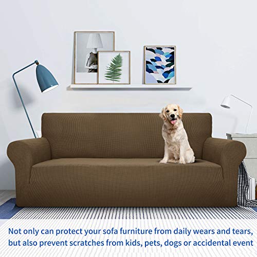 Maxijin Super Stretch Couch Cover For 2 Cushion Couch, 1-Piece Universal Love Seat Covers Jacquard Spandex Sofa Protector Dogs Pet Friendly Fitted Loveseat Slipcover (Loveseat, Brown) #TOP1