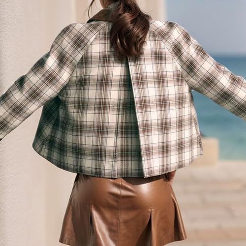 Chevara Women’s Cropped Plaid Jacket Vintage Lapel Collar Long Sleeve Zip Up Outerwear Coat with Pockets4