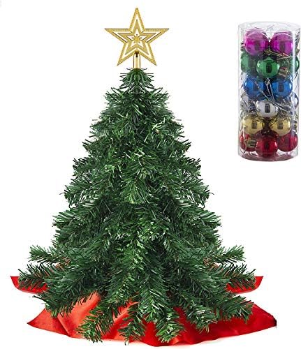 Tabletop Christmas Tree (Wooden Base/Cloth), Small Artificial Xmas Tree with LED Lights (UK), Star Treetop and Ornaments for Home Office Desk