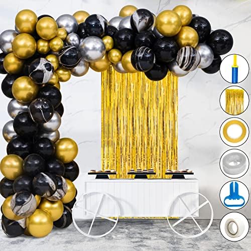 ArsFur Black and Gold Balloon Arch Kit with Balloon Pump - 106Pcs Silver & Chromic Balloon Garland Kit for Weddings, Birthdays, Graduations - Black and Gold Party Decorations, Golden Curtain