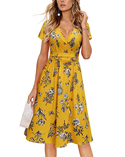 Newshows Summer Dresses for Women UK Short Sleeve V-Neck Faux Wrap Casual Hawaiian Midi Sundress with Pockets(Floral 15,XL)