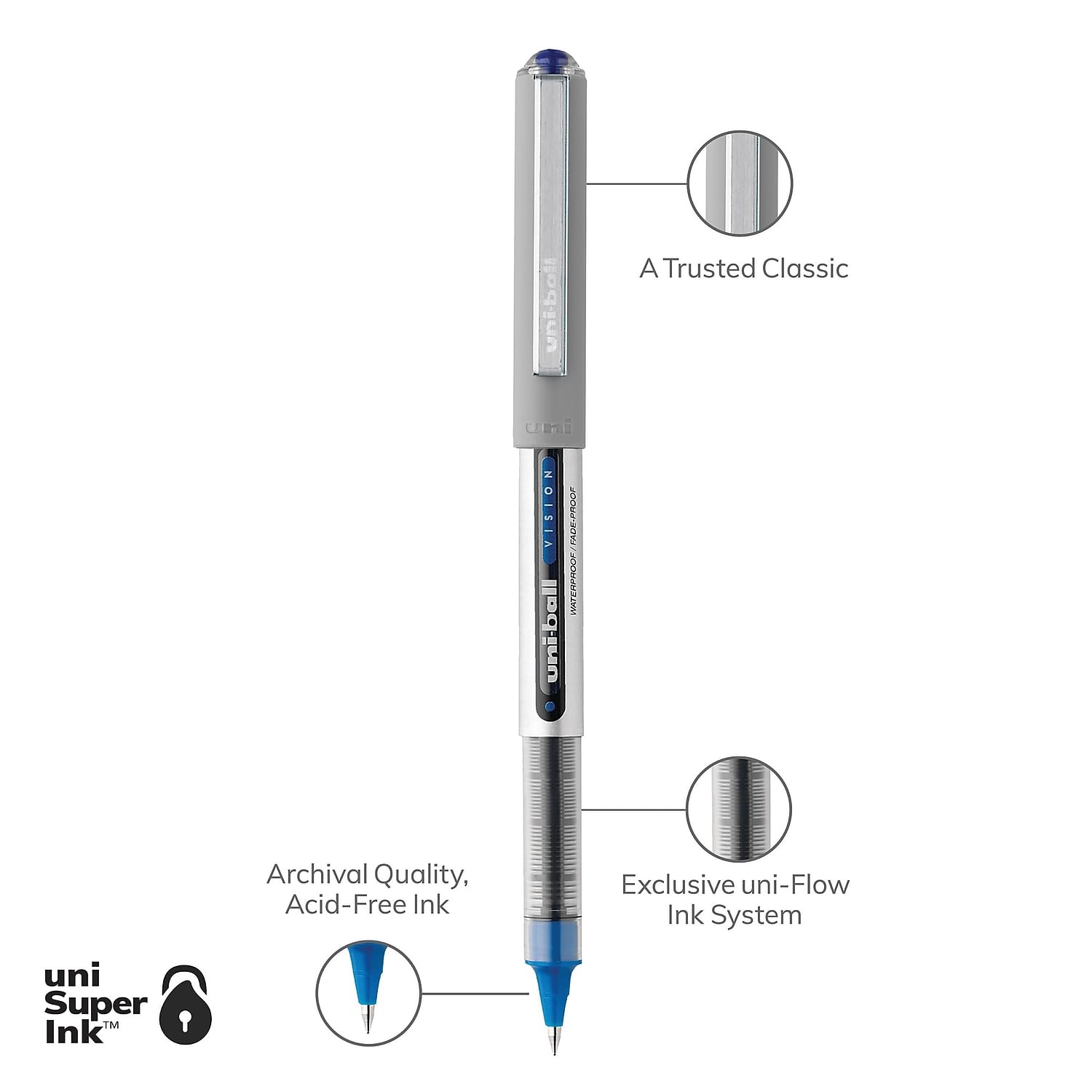Vision Roller Ball Stick Waterproof Pen, Blue Ink, Fine, Dozen, Sold as 1 Dozen