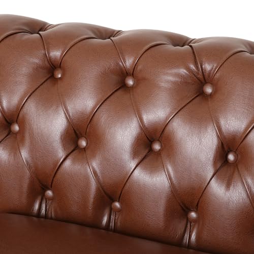 Image of Merax PU Chesterfield Sofa, Retro Style Upholstered 6 Seater Leather Rolled Arm Couch for Living Room Bedroom Office, Light Brown