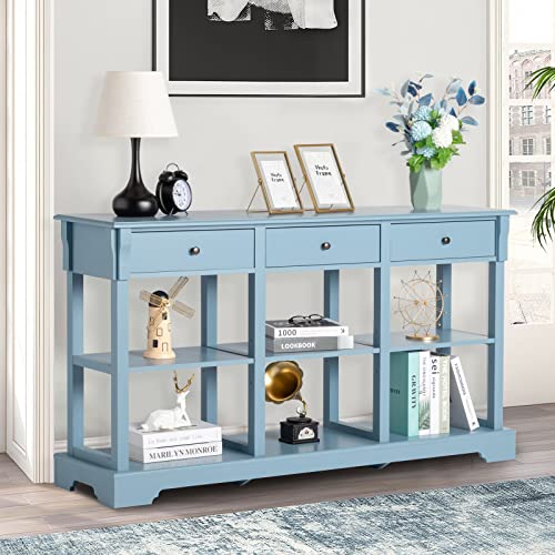 Royard Oaktree Console Table 3-Tier Entryway Table With 3 Drawers And Storage Shelves Wood Narrow Sideboard Sofa Table For Living Room,Entryway,Hallway,Sky Blue #TOP2