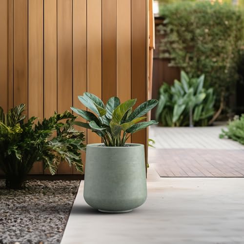 Image of Kante Accent Round Curved Mint Green Concrete Planter 13 inch Dia, Outdoor | Rubber Plug for Indoor, Drainage for Garden, All-Weather Cement Flower Pot, Handcrafted, Anti-Frost & UV, Modern Home Decor