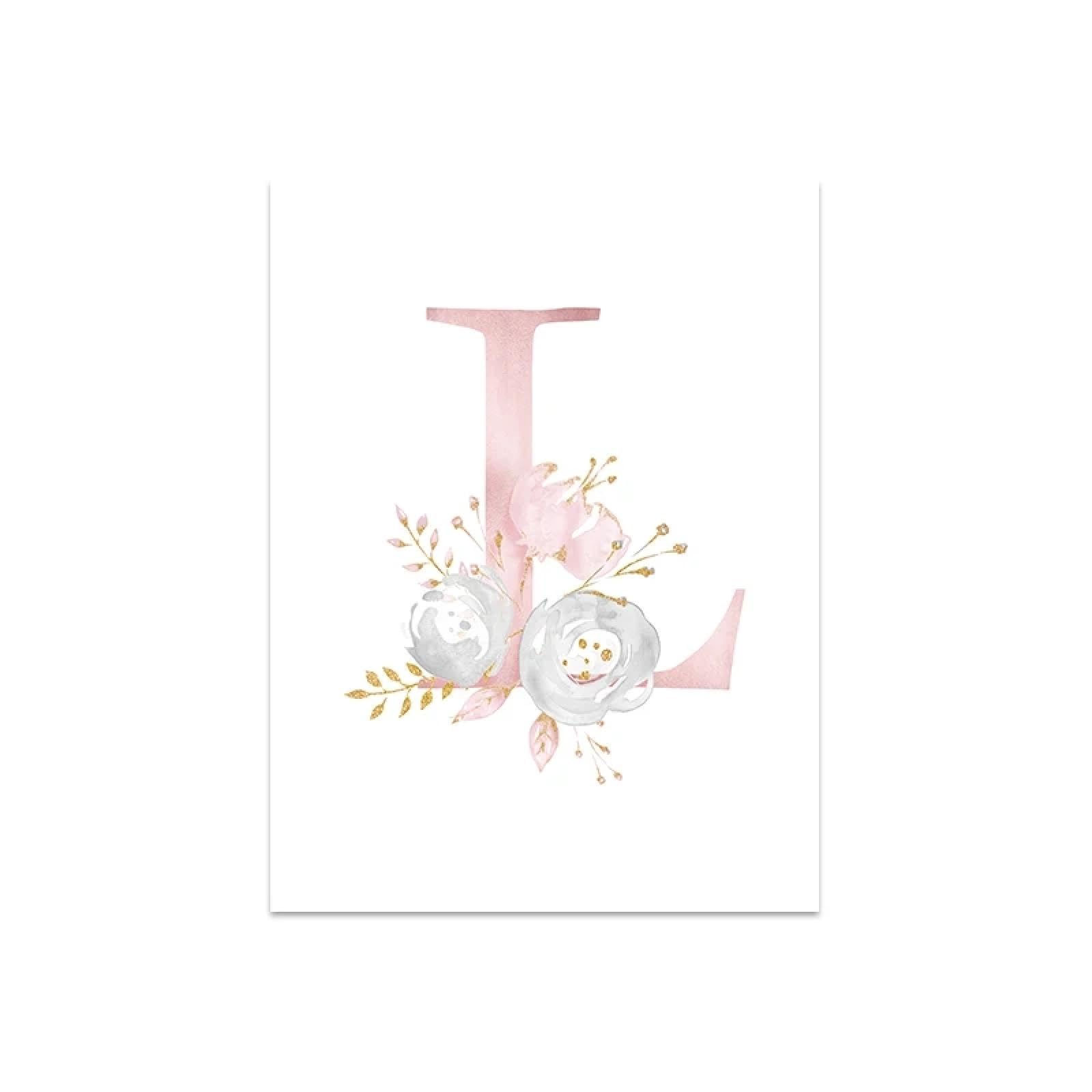 Carteles de letra L personalizados con nombre de niña, pósteres personalizados para guardería, impresiones de lienzo de flores rosas, pintura de pared para decoración de habitación de bebé, 60 x 80