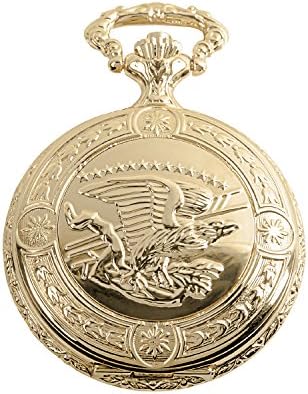 Daniel Steiger Flying Eagle Luxury Vintage Hunter Pocket Watch with Chain - Hand-Made Hunter Pocket Watch - 18k Gold Finish - Engraved Flying Eagle Design - White Dial with Black Roman Numerals
