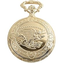 Daniel Steiger Flying Eagle Luxury Vintage Hunter Pocket Watch with Chain - Hand-Made Hunter Pocket Watch - 18k Gold Finish - Engraved Flying Eagle Design - White Dial with Black Roman Numerals