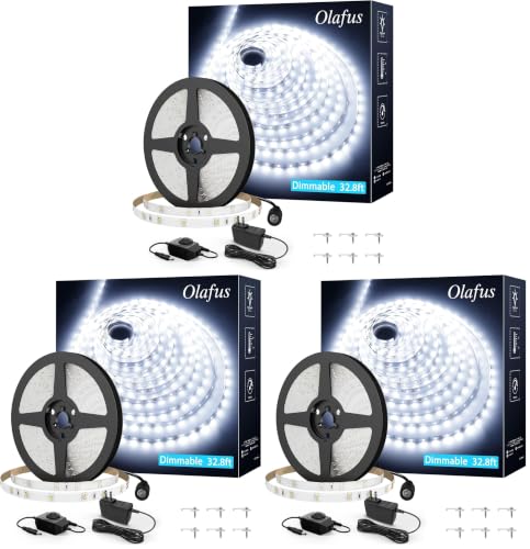 Image of Olafus White LED Strip Lights, 32.8ft Dimmable Vanity Light, 6000K Daylight White LED Tape Lights with UL Listed Adapter, 12V 600 LEDs for Bedroom Kitchen TV Mirror Stair (Pack of 3)